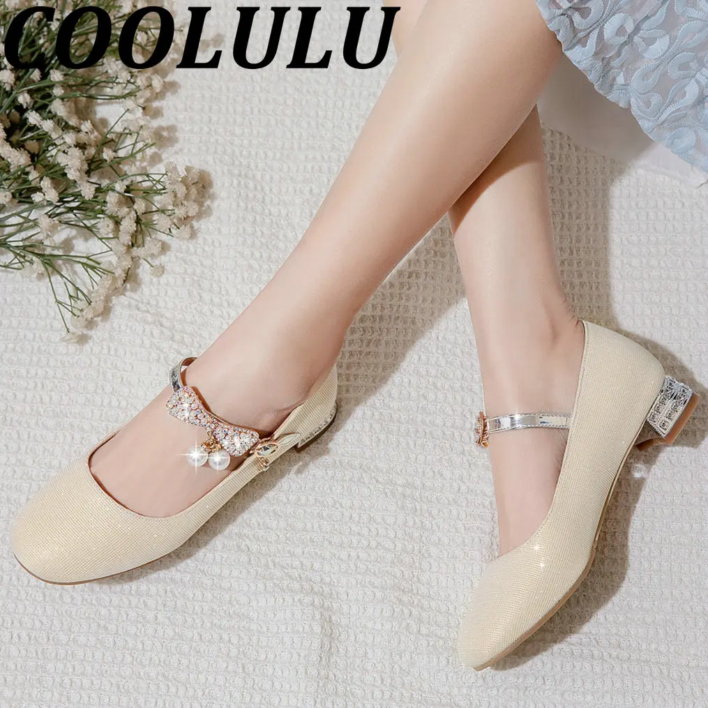 

COOLULU Lolita Mary Janes Pumps Low Heel Glitter Women Pumps Cute Girls Lolita Shoes Bow Pumps Preal Spring New Fashion Pumps