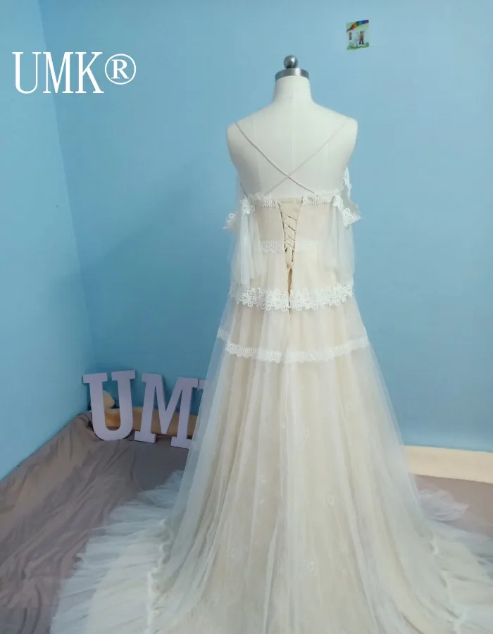 UMK Новое поступление богемное кружевное свадебное платье сексуальные прозрачные богемные Свадебные платья с открытой спиной с коротким рукавом ТРАПЕЦИЕВИДНОЕ свадебное платье es