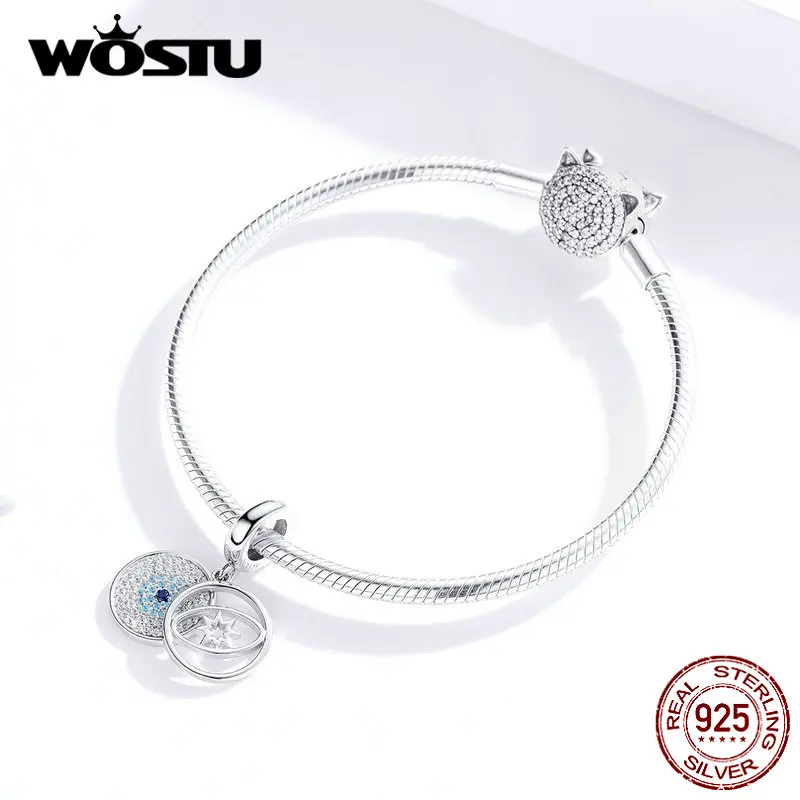 WOSTU бусины со злыми голубыми глазами 100% Стерлинговое Серебро 925 пробы циркониевые
