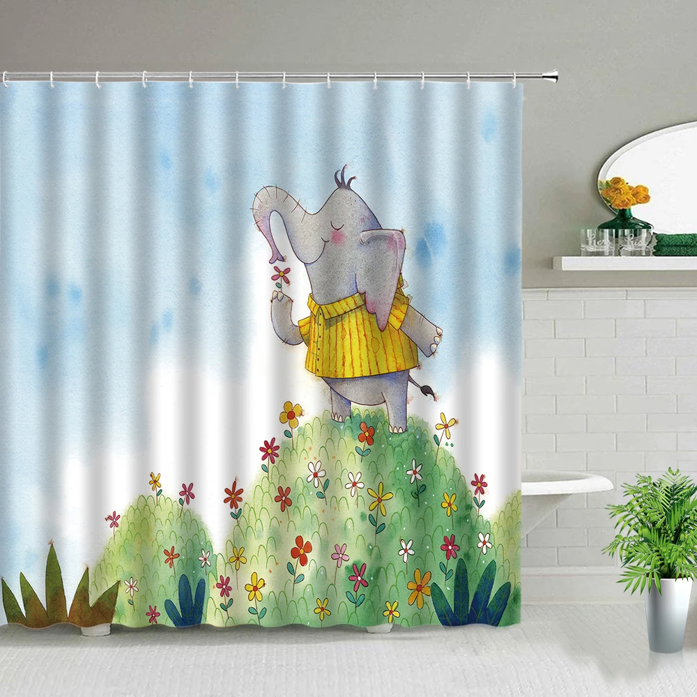 

Cartoon Elephant Giraffe Shower Curtain Set Cute Animal Kids Bathroom Decor Waterproof Polyester Home Bathtub Cloth Curtains