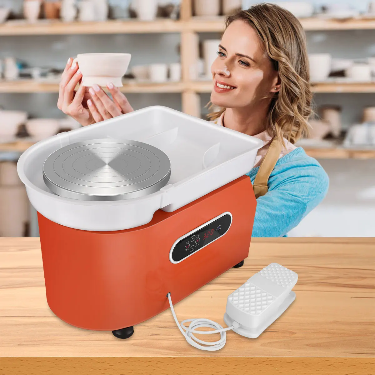 Rueda el&eacute;ctrica de cer&aacute;mica con pedales de pie, m&aacute;quina para formar cuencos lavables y desmontables con 11 piezas, herramientas de arcilla DIY-2