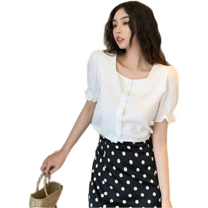 

Houthion Chiffon Slim Women's Blouses New Casual Blouse Fashion Short Sleeve Top Solid Color Square Collar Buttons Shirt Summer