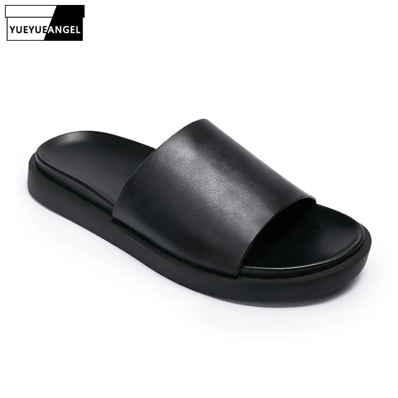 Мужские летние тапочки из натуральной кожи на толстой подошве | Обувь