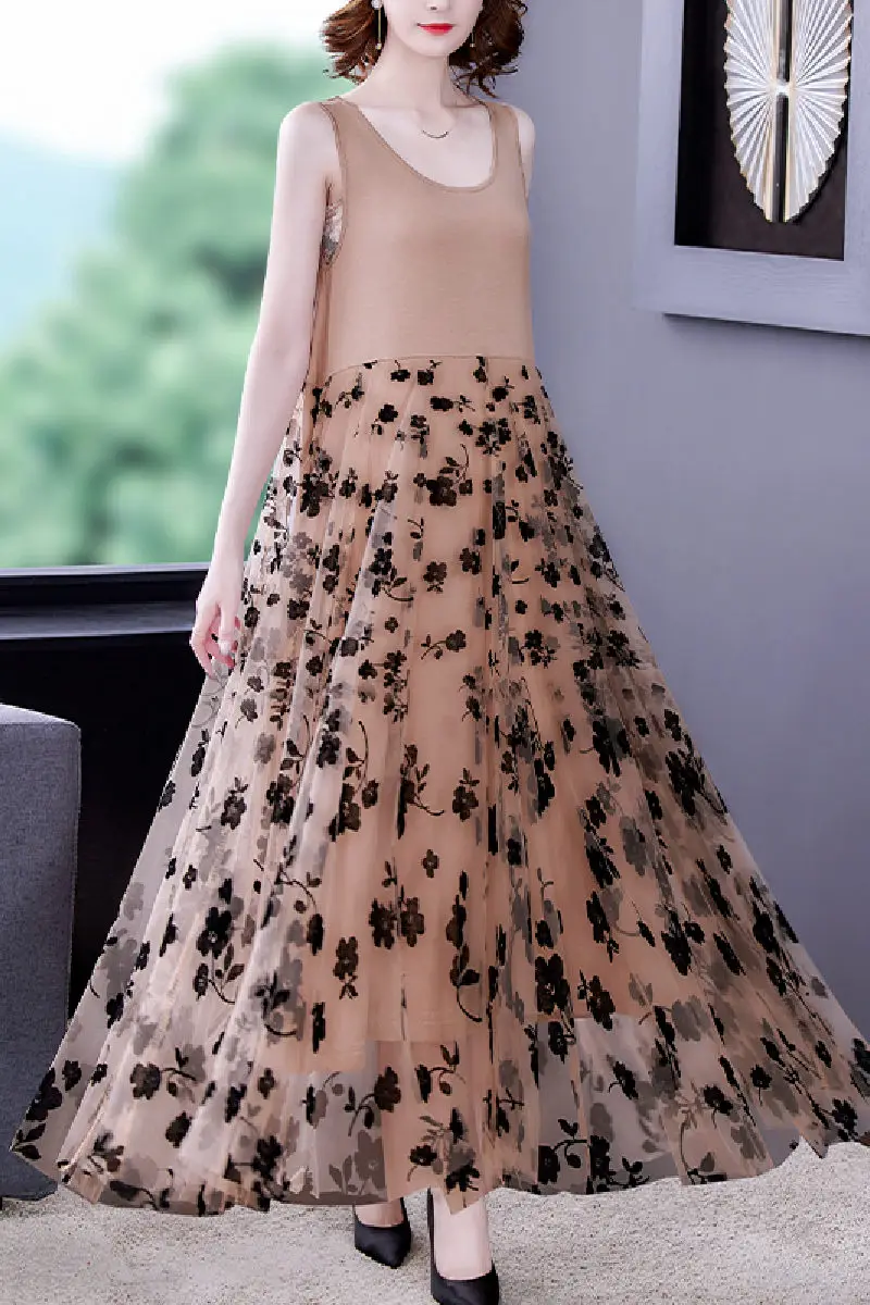 

Plus Size Vest Long Dress Female 2021 Summer New Temperament Printed Patchwork Dress Elegant Sleeveless Retro Mesh Vestido zh583