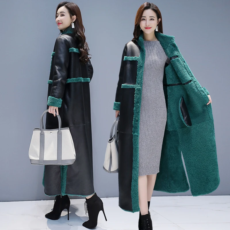 

2020 Middle-aged Fashion Elegant PU Leather Fur Coat Women's Long over The knee coat Winter Coats Plus Lamb Fur Padded Jacket A