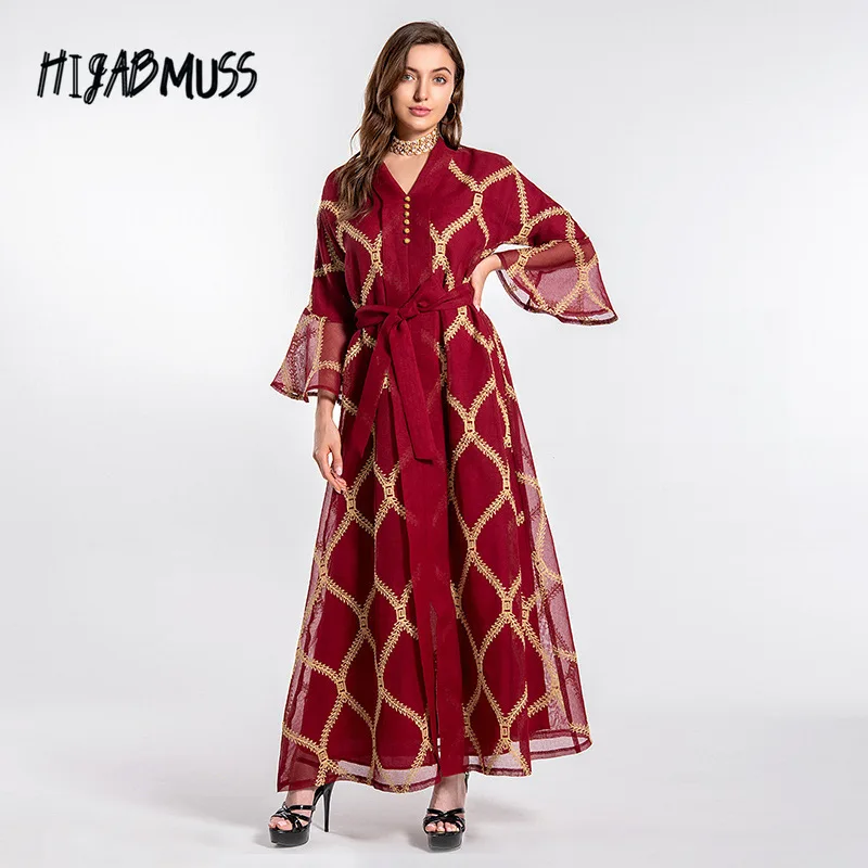 

Middle Eastern Muslim Women's Arab Embroidery Abaya Dubai Temperament Mesh Dress Islamic Clothing Women Moroccan Party Dresses