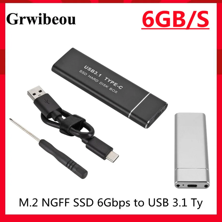 

GRWIBEOU USB3.1 Type-C to M.2 NGFF SSD Mobile Hard Drive Disk Box 6Gbps External Enclosure Case for m2 SATA SSD USB3.1 2280/2260