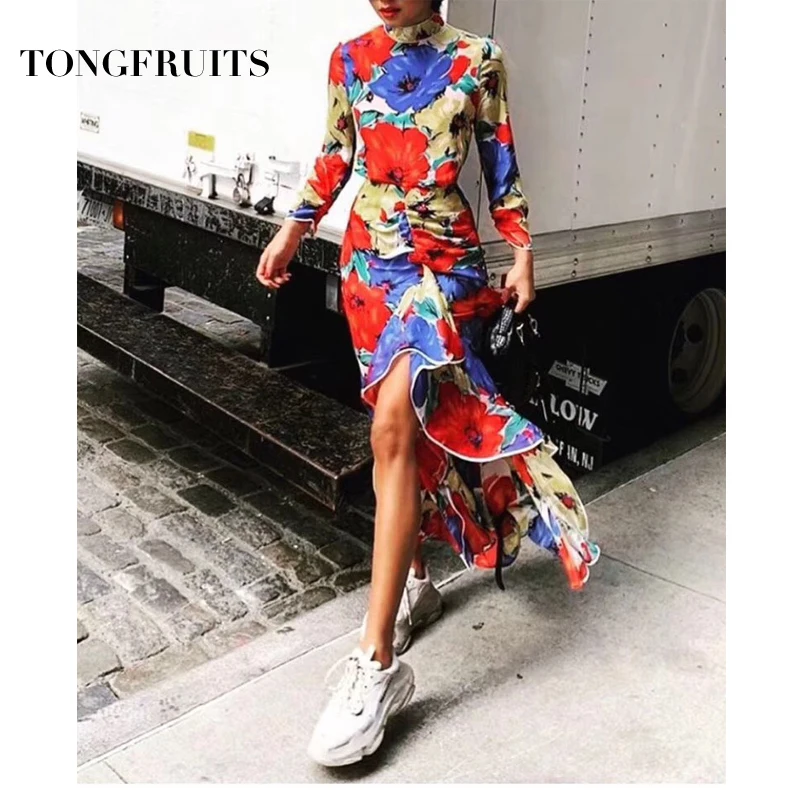 Цветочный цвет с длинными рукавами сексуальное асимметричное платье русалки