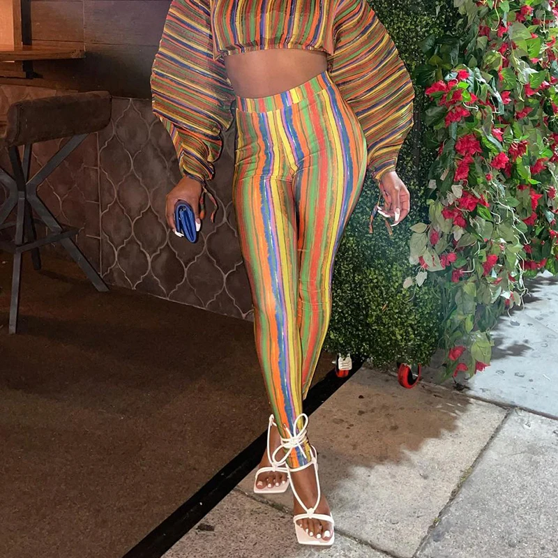 

CIBBAR Vintage Striped Print Skinny Long Pants Women Hipster High Waist Elastic Trousers Aesthetic Sexy Clubwear Female Clothing