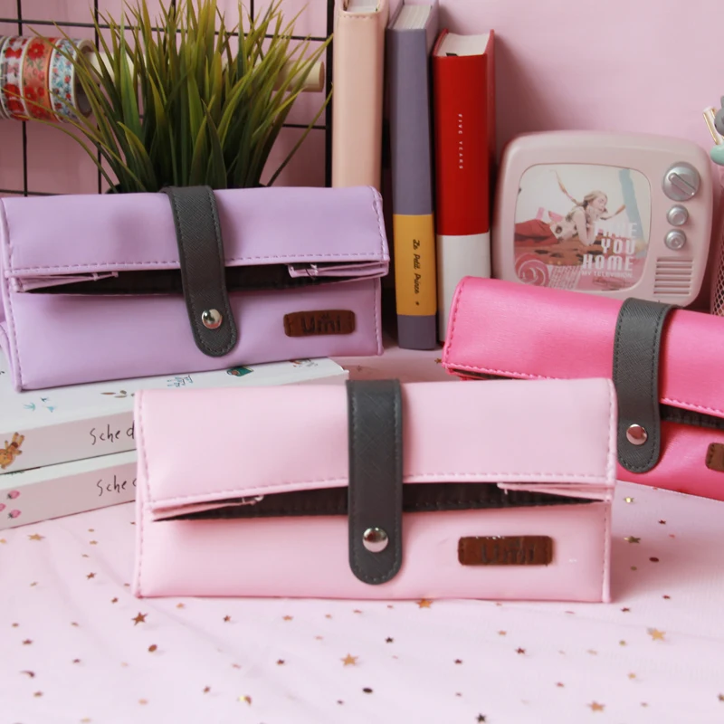 Kawaii простой кожаный большой чехол для карандашей девочек сумка ручек большая