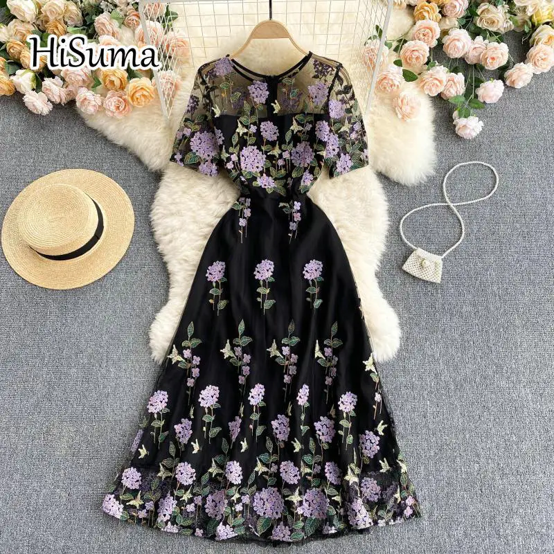 

2021 Лето Новое Женское платье с круглым вырезом и с короткими рукавами и вышивкой газовое Платье трапециевидной формы женские шикарные элег...