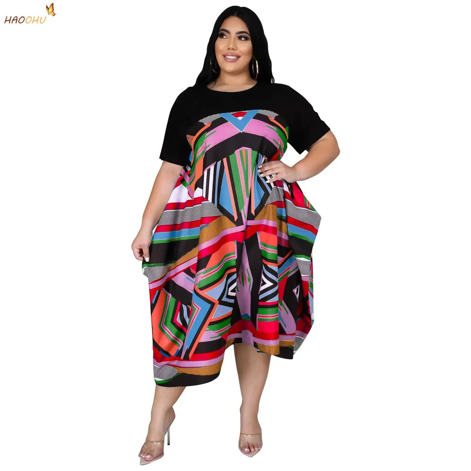 

HAOOHU Women's Clothing Plus Size Dresses 2021 Autumn Print Stitching Color Long Dress Large Irregular O-Neck Urban Casual L-5XL