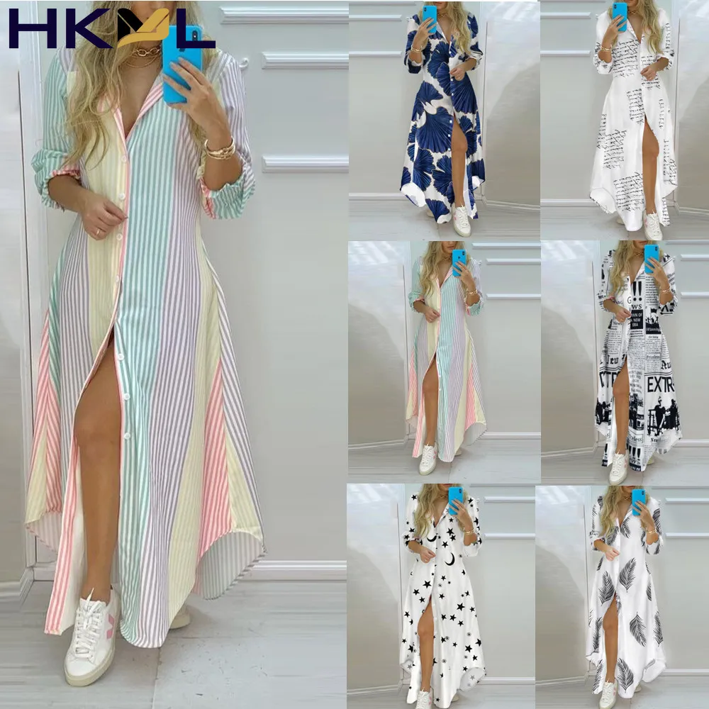 

2021 New Women's Dress Long Sleeve Striped Lapel Plus Size Dress Elegant Casual Autumn