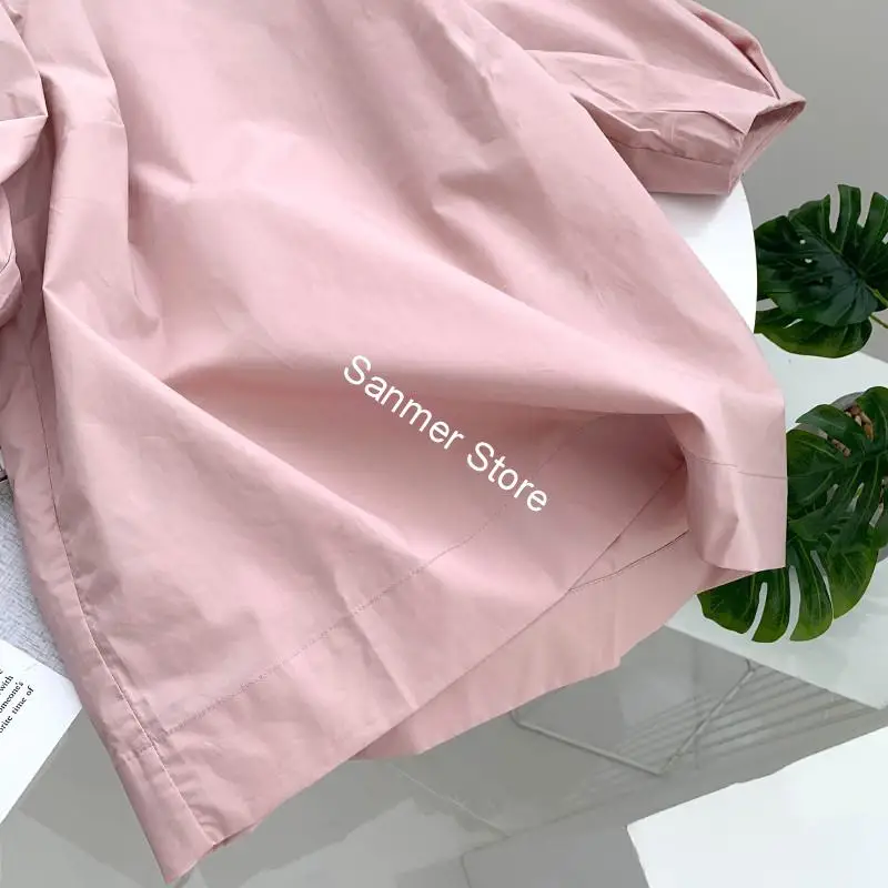 

2020 Spring Summer Women O-neck Shirt Puff Sleeve 100% Cotton Top Pink Color Ladies Shirt