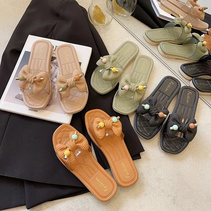

Women's Sandals Open Toe Anti-slip Flip Flops 2021 New Korean Version of Bow Slippers Ladies Summer Fashion Casual Flat Slides