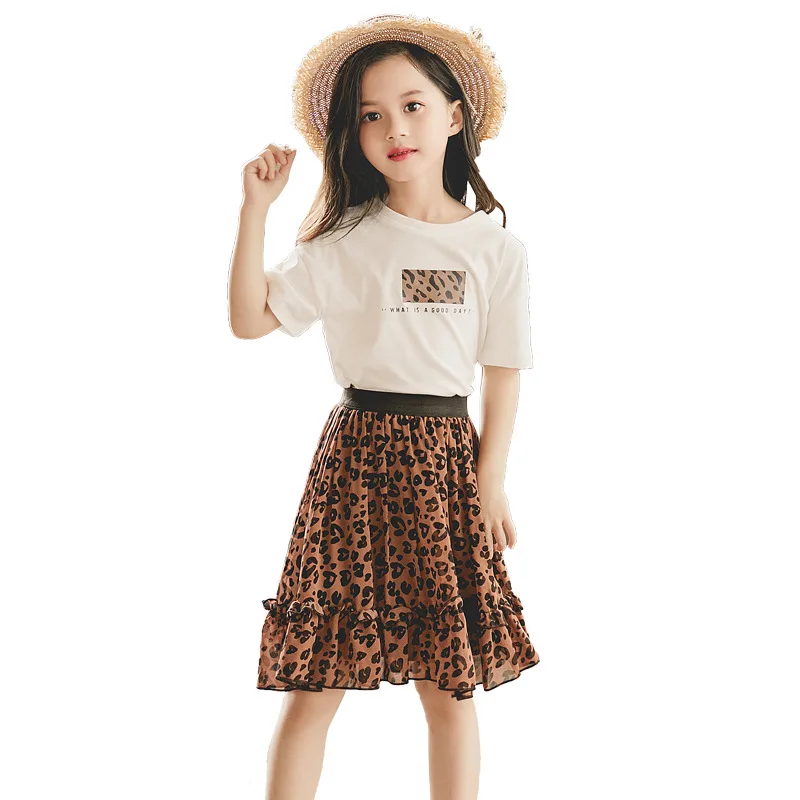 

Summer Girls Clothes Children Leopard Print T-shirt Tops + Skirt 2Pcs Kids Outfits Fashion Teenage Girls Clothing Sets
