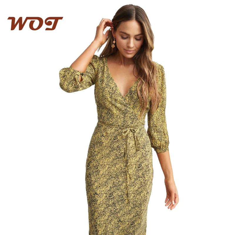 

Lace-up long sleeve V-neck elegant temperament dress Lace-up snake print long skirt