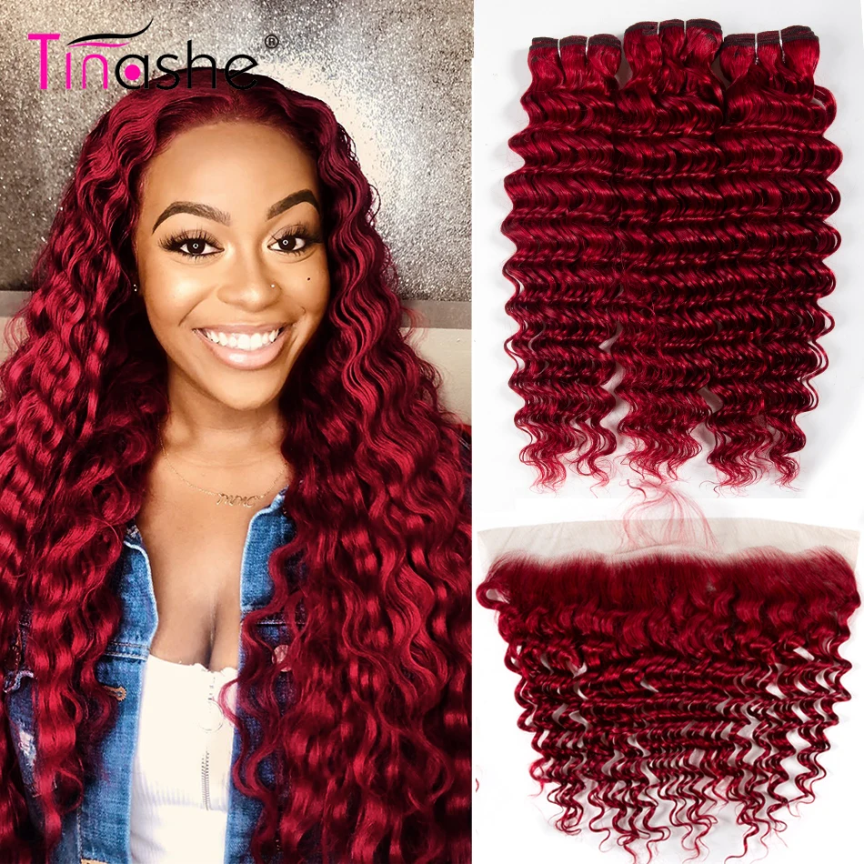 Tinashe волосы красные пряди с закрытием глубокая волна фронтальной Remy бразильские