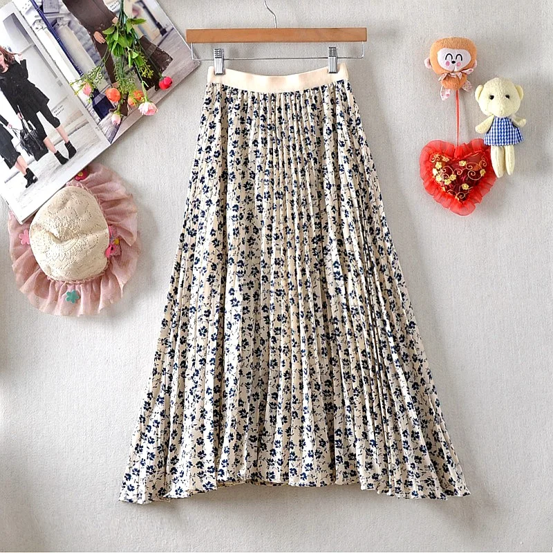 

Fashion High Waist Pleated Long Skirt Women's Summer 2021 New Chiffon Floral Female A-line Skirt Small Fresh Umbrella Skirt