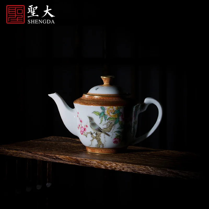 

handmade alum red painted with gold famille rose flower and bird palace lantern teapot bubble teapot Jingdezhen tea set