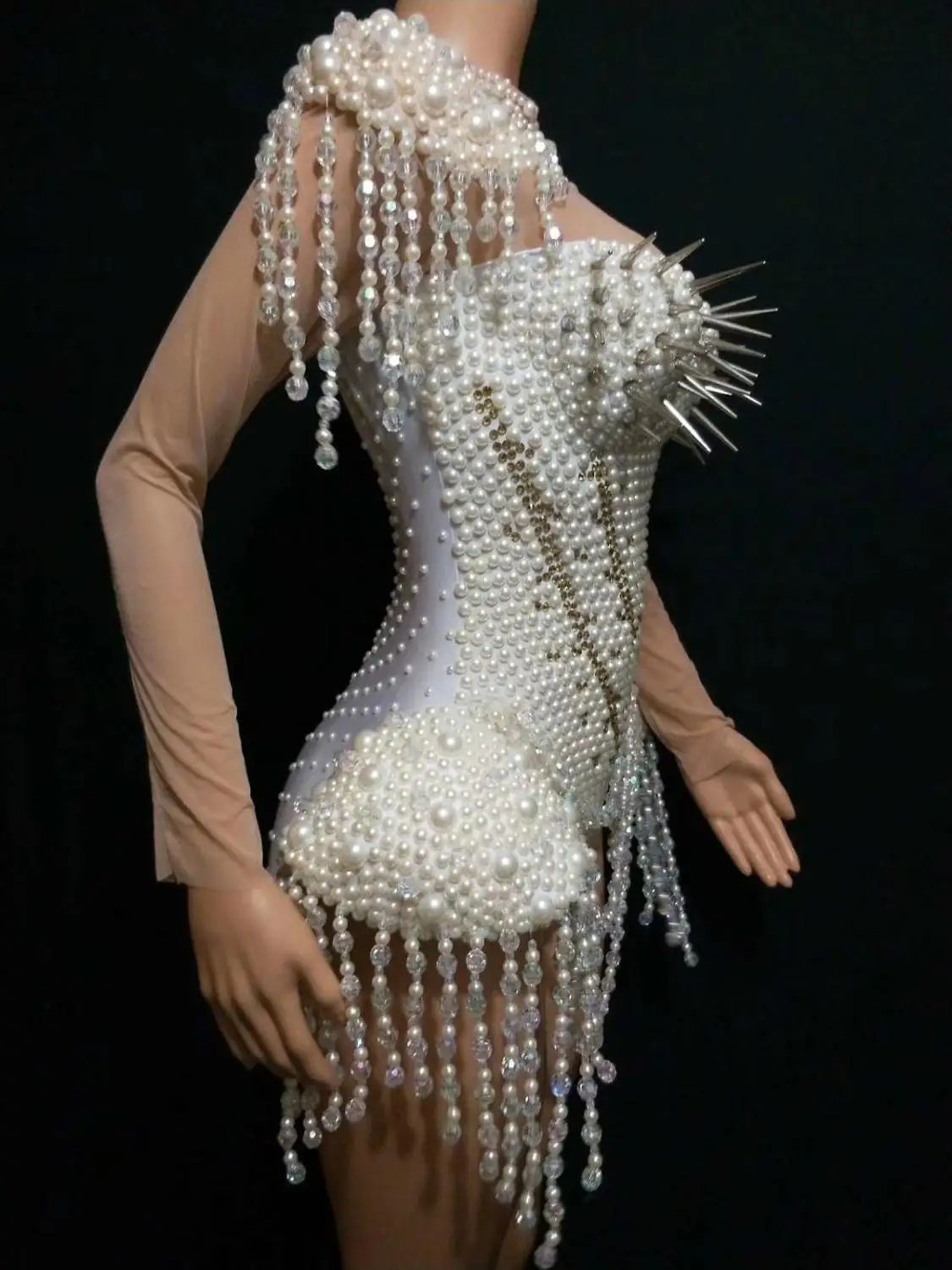 

Luxury Women Full White Rhinestine Pearl Tassel Rivet Skinny Bodysuits Nightclub Ds Pole Dance Clothing Women Party Slim Rompers
