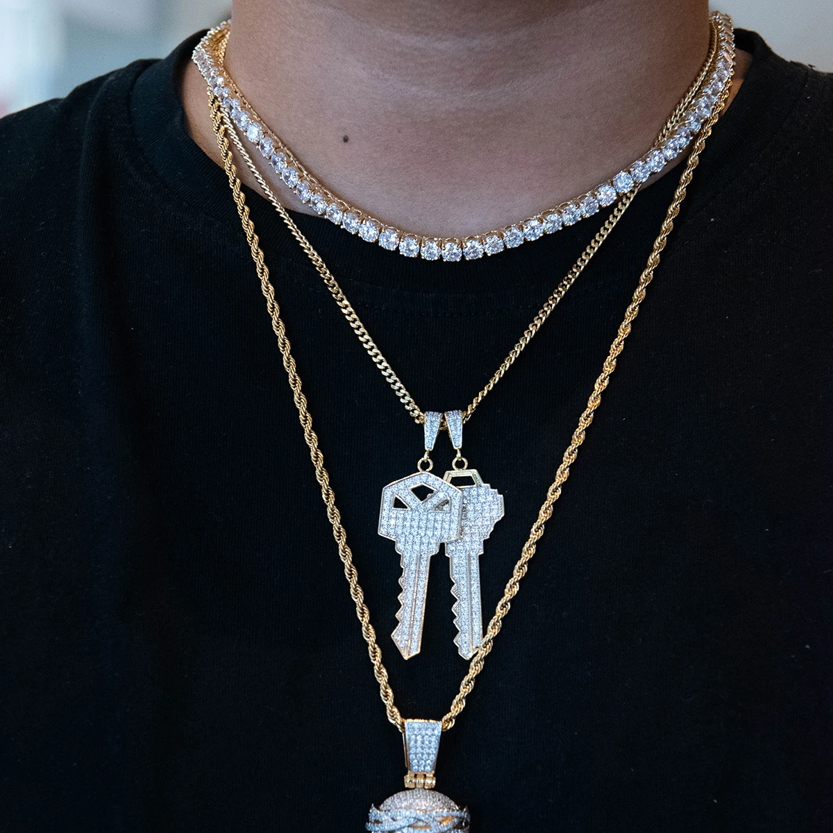 JINSE Hip Hop Cubic Zirconia Necklace Men Fashion Rhinestone Key Pendant Free Cuban Chain Jewelry Gift | Украшения и аксессуары