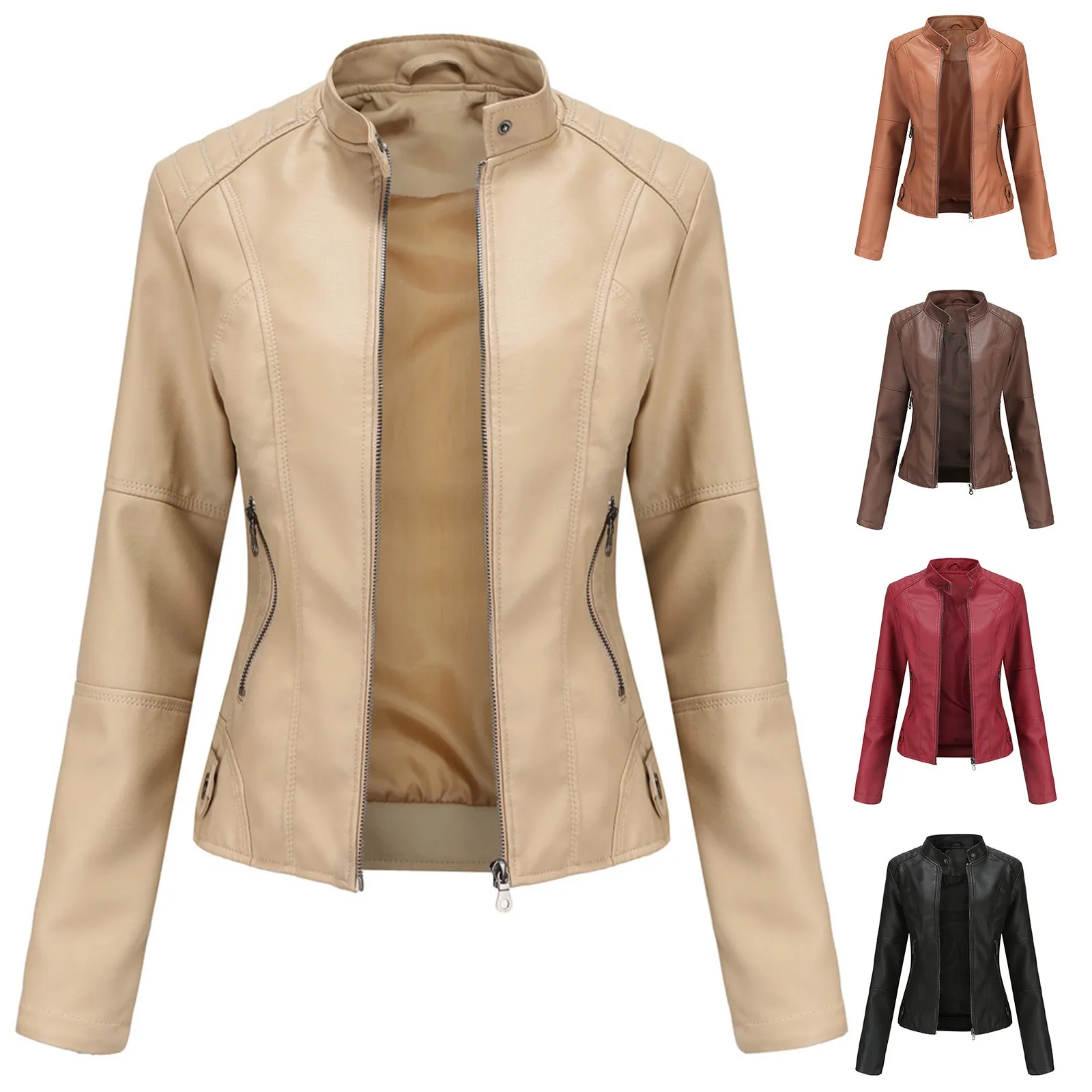 

Куртка из искусственной кожи для женщин, осень-весна 2023, Женская мотоциклетная байкерская куртка на молнии, красное, черное пальто, кожаная куртка на молнии с воротником-стойкой
