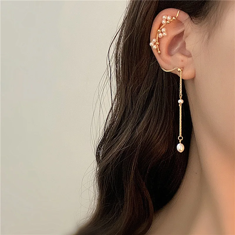 

2020 New Fashion Imitation Pearl Chain Ear Cuff Cartilage Earrings For Women Elegant Flower Long Tassel Ear Clip Female Jewelry