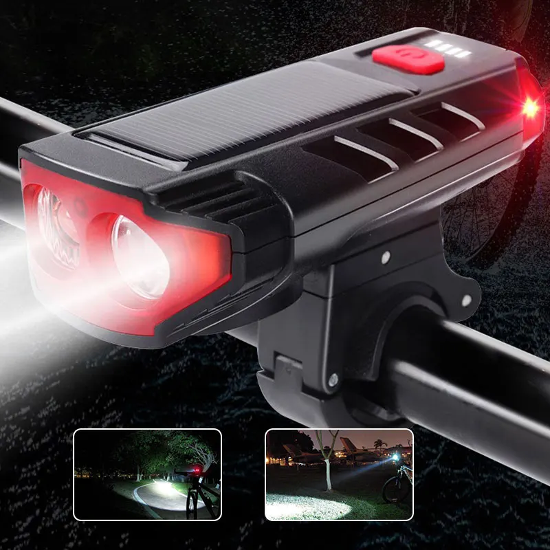

Solar Power Bike Light USB Rechargeable Bicycle Lamp Built-in Battery MTB Cycling Torch Wide-angle Floodlight with Horn Function
