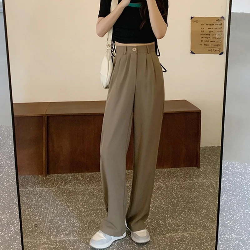 

Брюки женские повседневные с завышенной талией, тонкие черные широкие свободные прямые штаны с подвеской, костюм на весну и осень, 2021