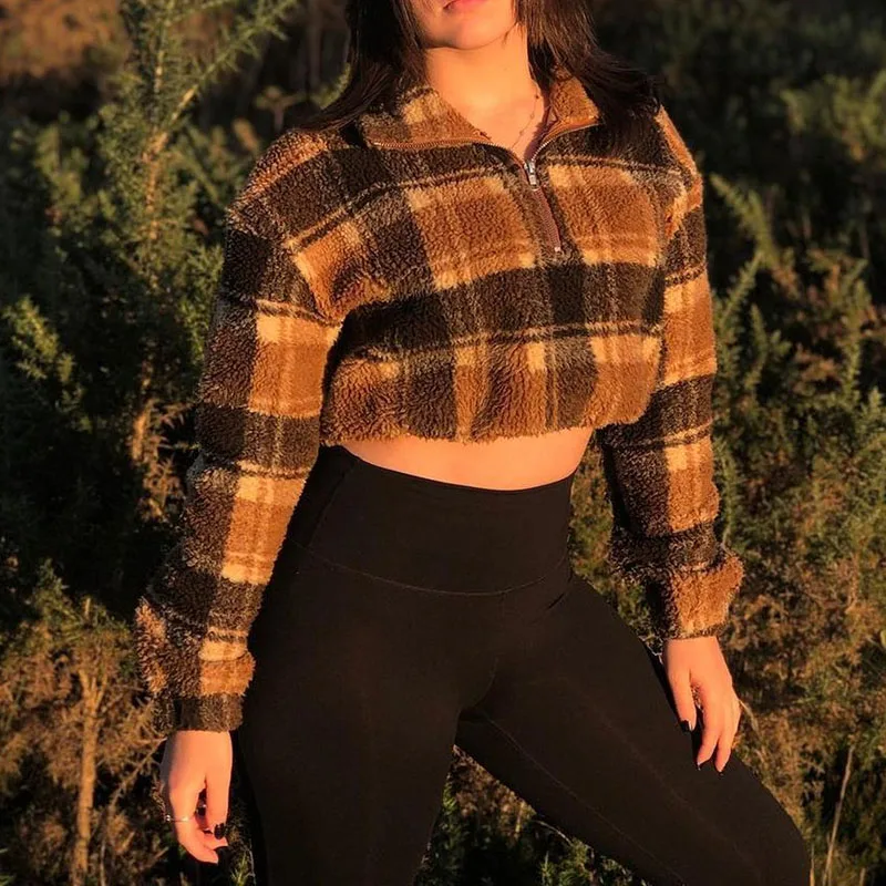 

Autumn Winter Plaid Faux Fur Cropped Coat Women Zipper Long Sleeve Jacket Ladies Streetwear Pullover Fashion
