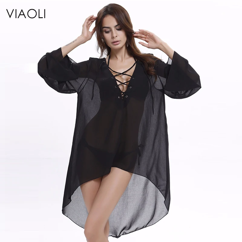 Новинка Пляжная накидка VIAOLI парео с длинным рукавом Шифоновая для бикини