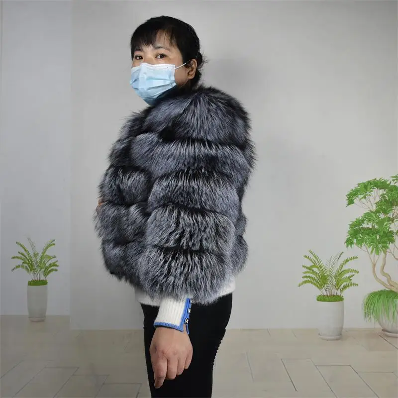 Natural 50CM Real Fox Fur Coat Silver fox Women Winter Vest Jacket Fashion Outwear Real Fur Vest Coat Removable Free Shipping