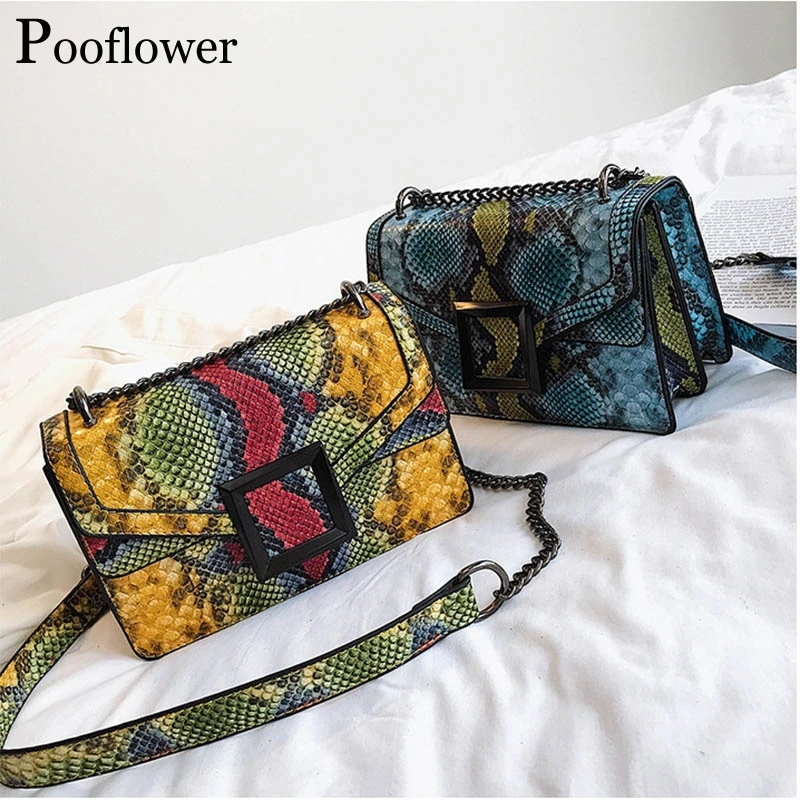 Pooflower роскошный Змеиный модный мини-кошелек с цепочками сумки через плечо для