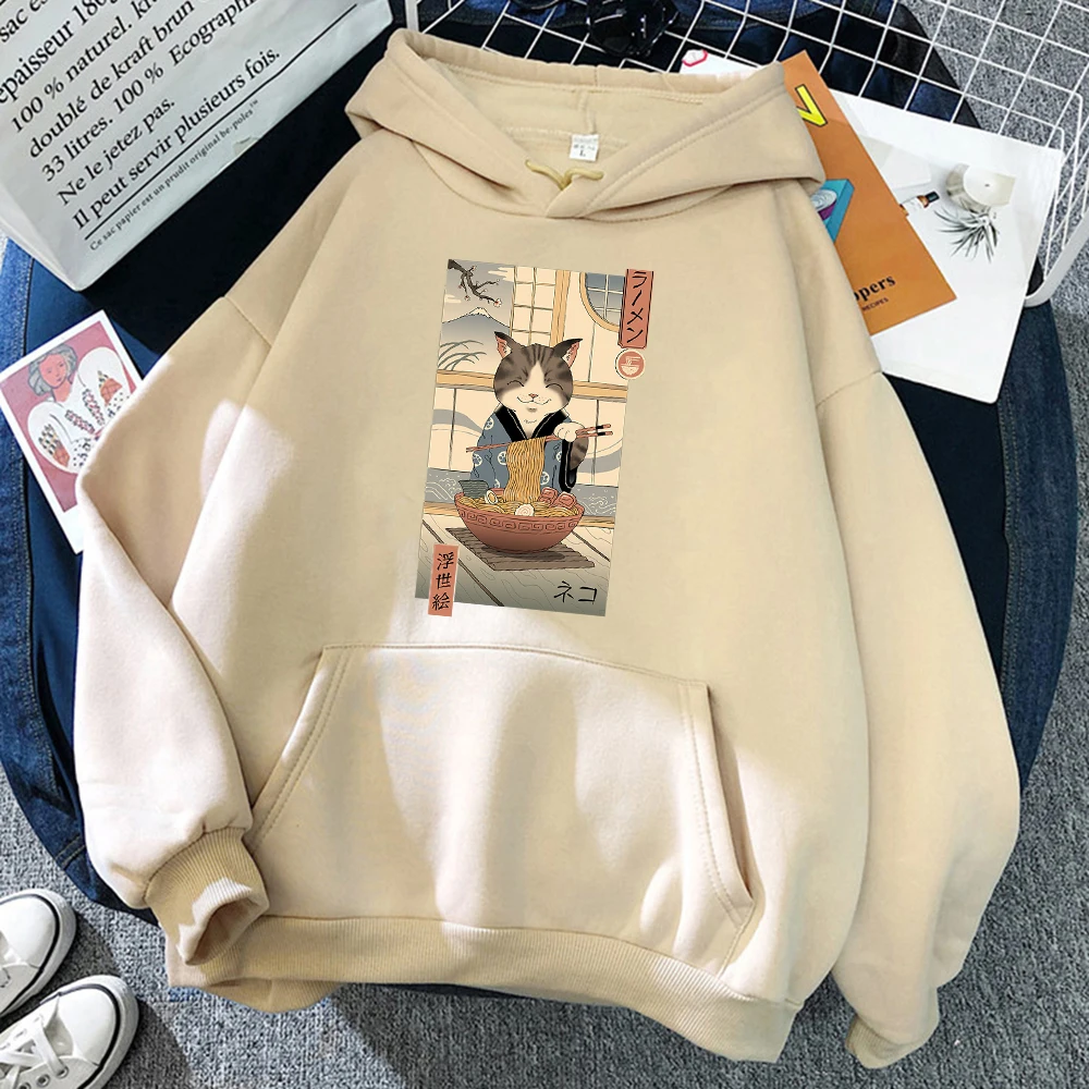 

Cat Eating Ramen Ukiyo-E Print Hoodies Men's Autumn Warm Fleece Hoodie Harajuku Crewneck Hoody Fashion Oversize Women Sportswear