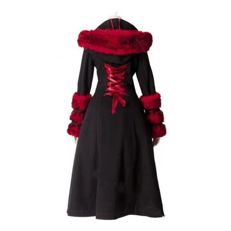 Женское пальто с капюшоном винтажное в готическом стиле меховым воротником