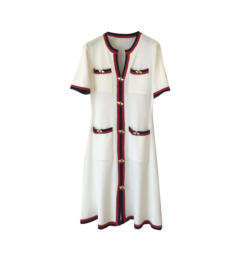 ALPHALMODA мода пчелы полосатый дамы элегантный короткий рукав вязание платье