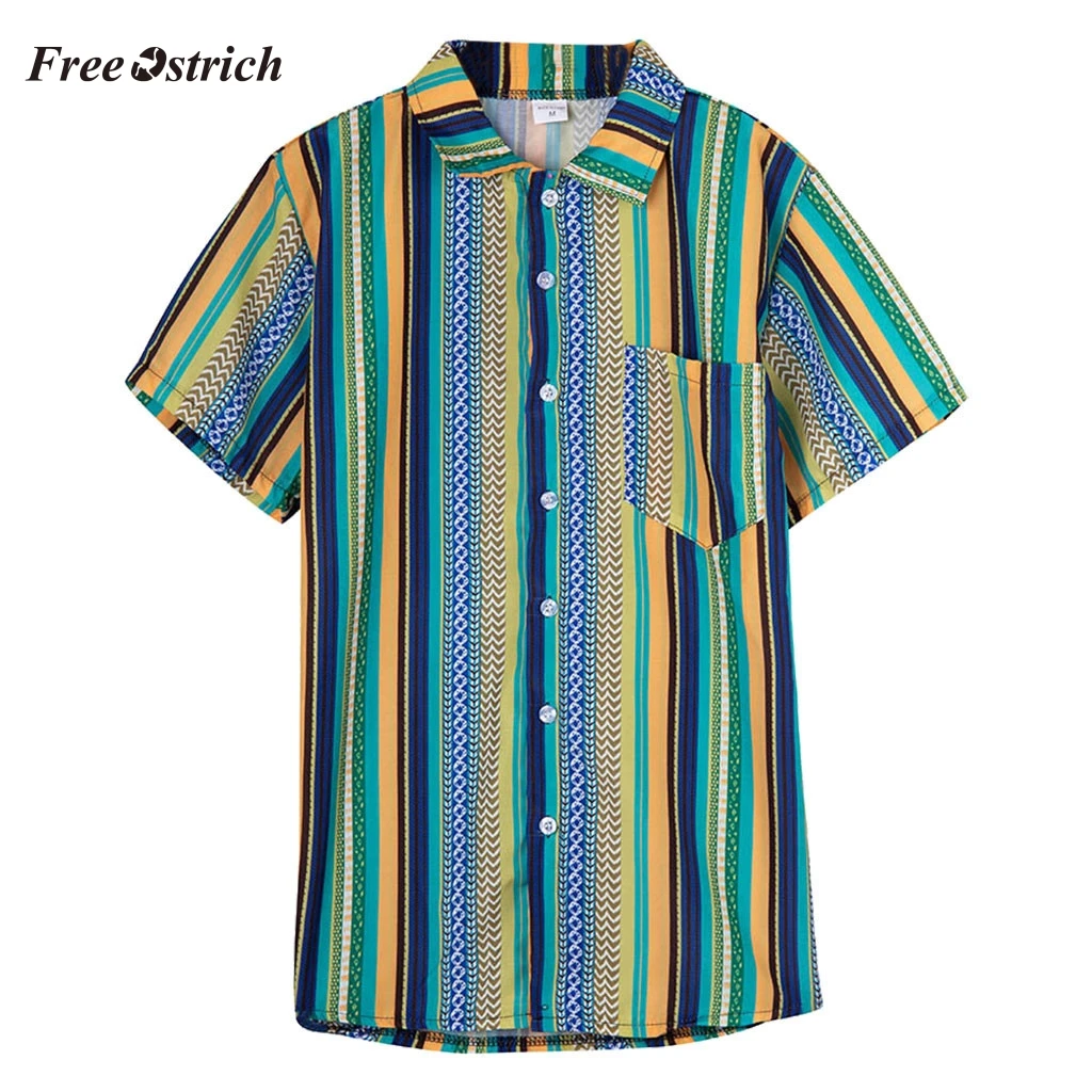 Бесплатная Страусиная Мужская рубашка с коротким рукавом 2019 Этническая печатная