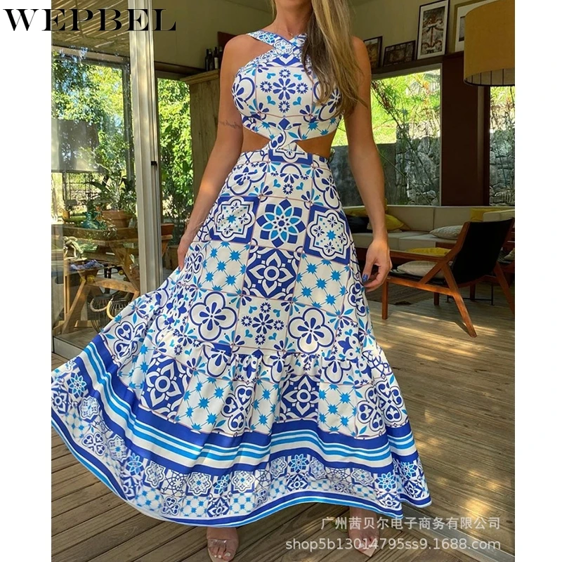 

WEPBEL Women's Sexy Printed Slim Fit Hollow Out Dress Summer Sleeveless Spaghetti Strap Halter High Waist Backless Dress