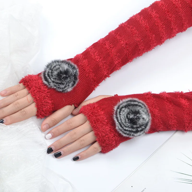 

Knitted Half Finger Winter Warmth Sleeve Protection Short Woolen Gloves Korean Version Hairball Riding Women Arm Cover Triangle