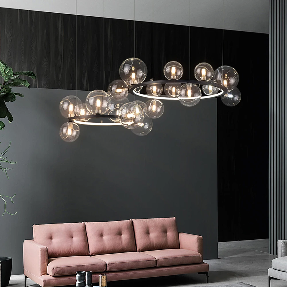 Lámpara colgante de hierro posmoderno para comedor, luz LED redonda de diseñador de plata y negro con burbujas de vidrio