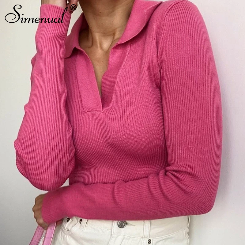 

Simenual Knit Pink Basic Ribbed Crop Top Turn Down Collar Simple Fashion Long Sleeve T Shirts Female Streetwear Slim Bodycon Tee