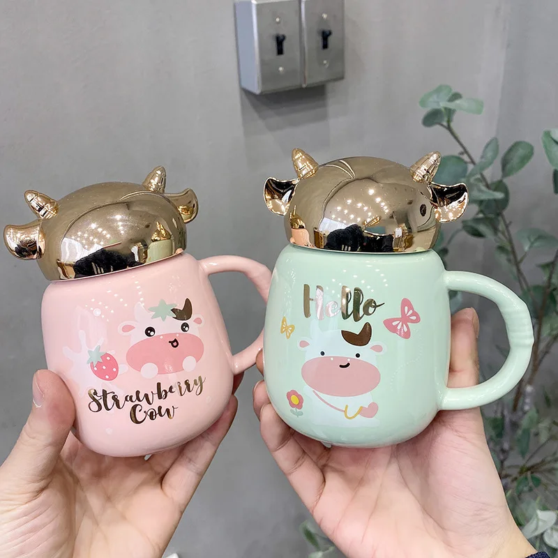 Ceramic Mugs Cow Lovely Horn Anime Pattern Coffee Mug Cute Tea Milk Cup With Lids Large Capacity Cup Drinkware Coffee Mug