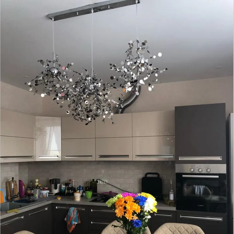 Argent освещение ручной работы из Нержавеющая сталь люстра с листьями лампа для