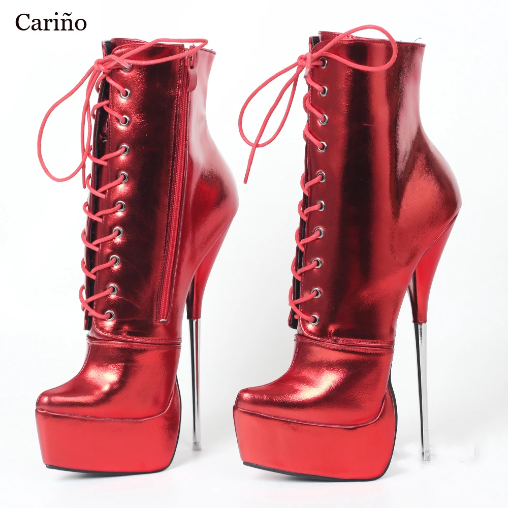 

Новинка 2021, ботинки на очень высоком каблуке 22 см, сексуальные блестящие кожаные ботинки до середины икры с перекрестной шнуровкой и молние...