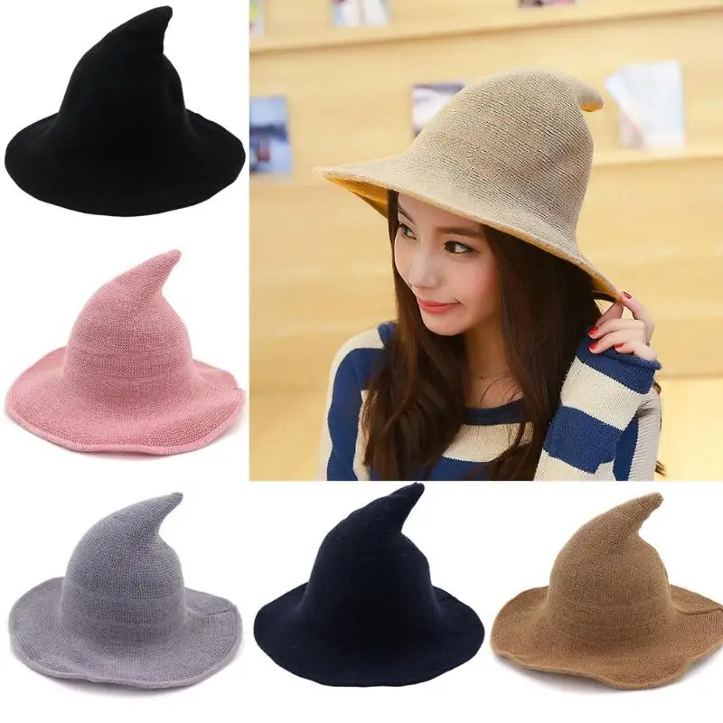 Осень Зима Рождество шерстяная шапка классический чистый цвет ведьма милые