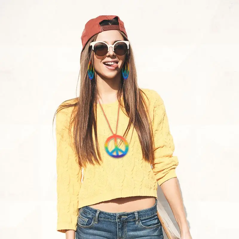 

Hippie Costume Jewerly Set 60s 70s Rainbow Peace Sign Pendant Necklace Earrings E56A