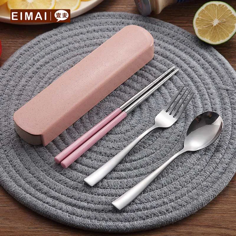 Portable Tableware Set Stainless Steel Dinnerware With Wheat Straw Handle Chopsticks Spoon Fork Travel Dinner A3 | Дом и сад