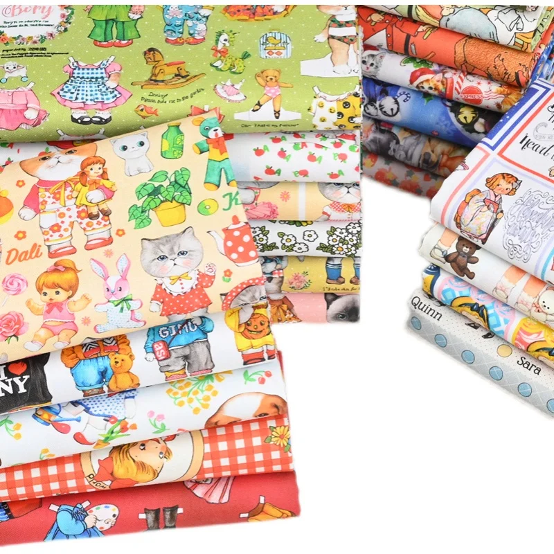 

Half Yard 100% Cotton Fabric With Cartoon Cat Retro Little Girl Print, Handmade DIY Garment Dress Sewing Tissue CR-1349