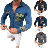 2021 autumn new mens denim shirts casual slim fit solid patchwork camouflage denim long sleeves jeans clothes fashion men top